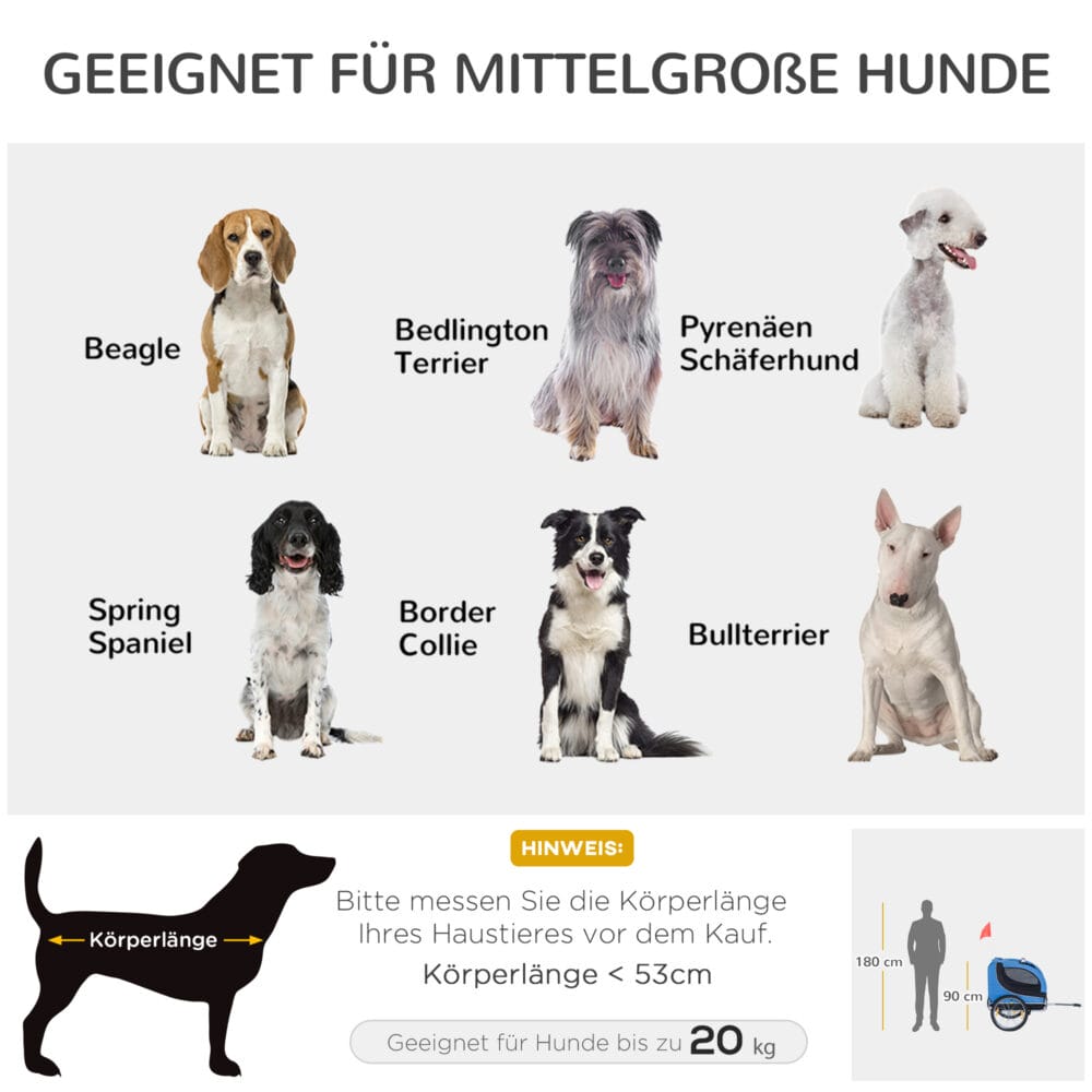 Blau-schwarzer geräumiger Hundeanhänger für das Fahrrad, 130x73x90cm, ermöglicht den Transport von Hunden bei Radtouren.