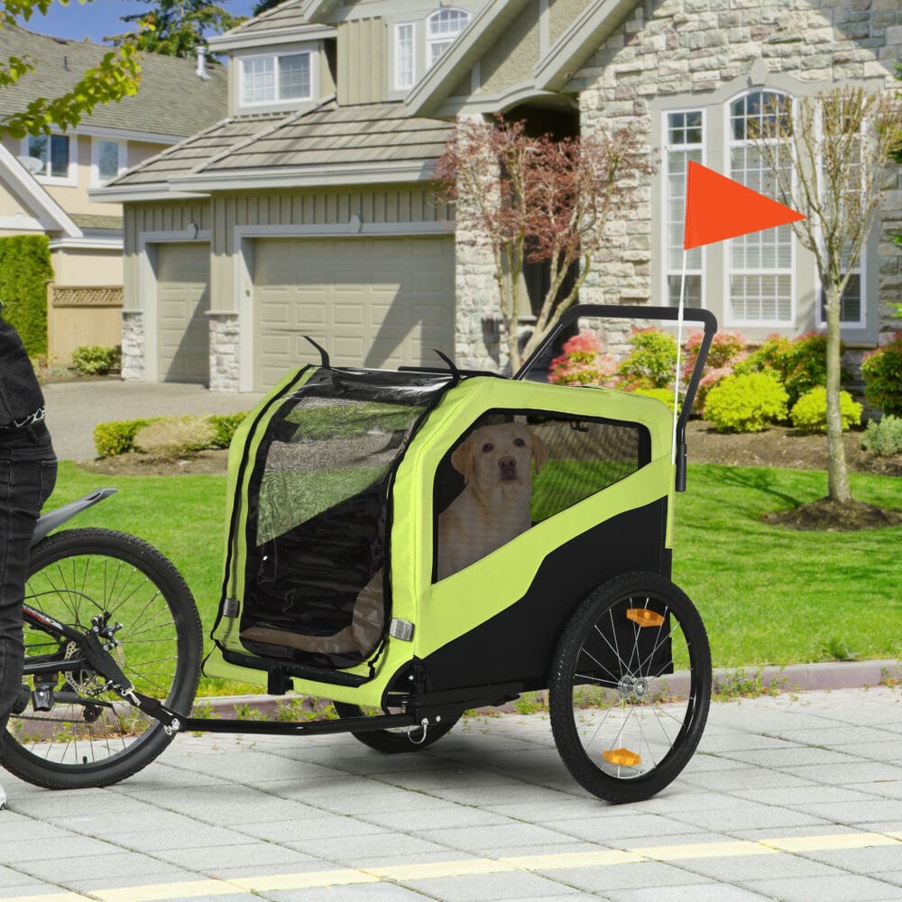 Grüner 2-in-1 Hundeanhänger, der auch als Buggy genutzt werden kann, bis 30kg belastbar, perfekt für grosse Hunde.