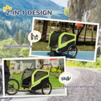 Grüner 2-in-1 Hundeanhänger, der auch als Buggy genutzt werden kann, bis 30kg belastbar, perfekt für grosse Hunde.