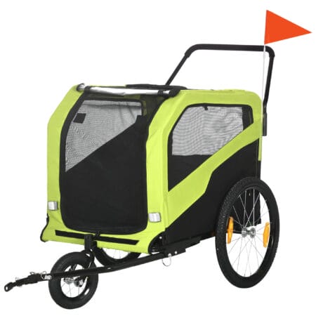 Grüner 2-in-1 Hundeanhänger, der auch als Buggy genutzt werden kann, bis 30kg belastbar, perfekt für grosse Hunde.