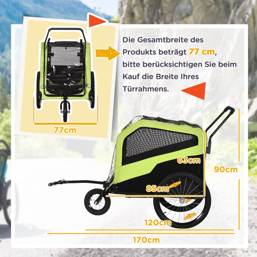 Grüner 2-in-1 Hundeanhänger, der auch als Buggy genutzt werden kann, bis 30kg belastbar, perfekt für grosse Hunde.
