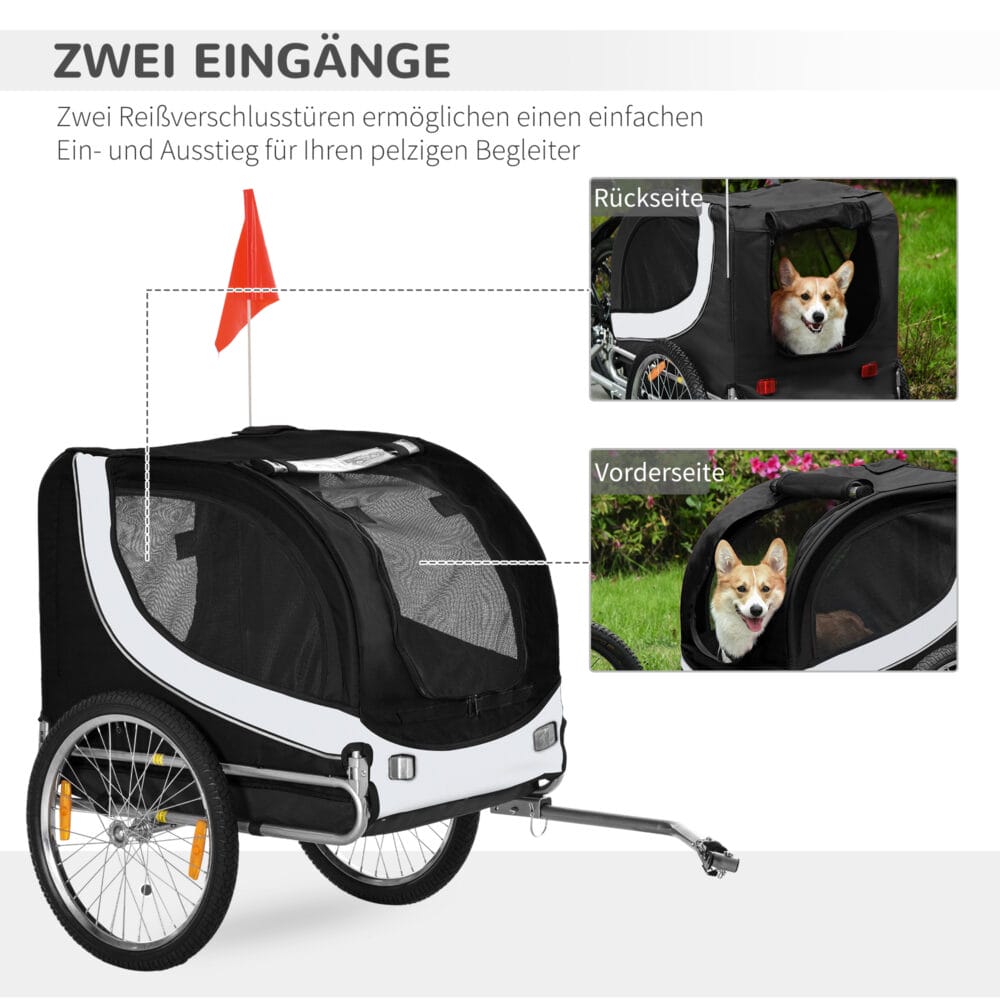 Weiss-schwarzer praktischer Hundeanhänger für das Fahrrad, 130x73x90cm, bietet eine sichere und komfortable Fahrt für Ihren Vierbeiner.