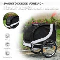 Weiss-schwarzer praktischer Hundeanhänger für das Fahrrad, 130x73x90cm, bietet eine sichere und komfortable Fahrt für Ihren Vierbeiner.