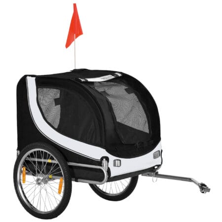 Weiss-schwarzer praktischer Hundeanhänger für das Fahrrad, 130x73x90cm, bietet eine sichere und komfortable Fahrt für Ihren Vierbeiner.