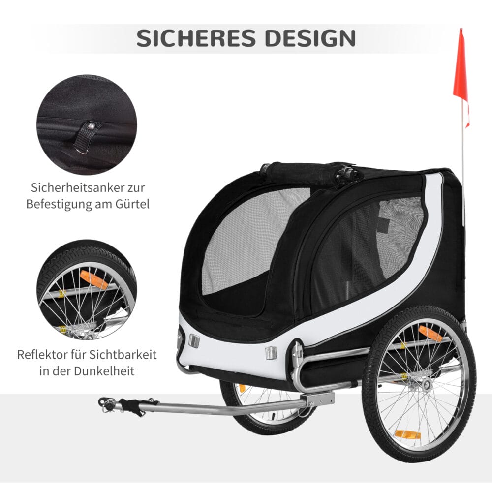 Weiss-schwarzer praktischer Hundeanhänger für das Fahrrad, 130x73x90cm, bietet eine sichere und komfortable Fahrt für Ihren Vierbeiner.