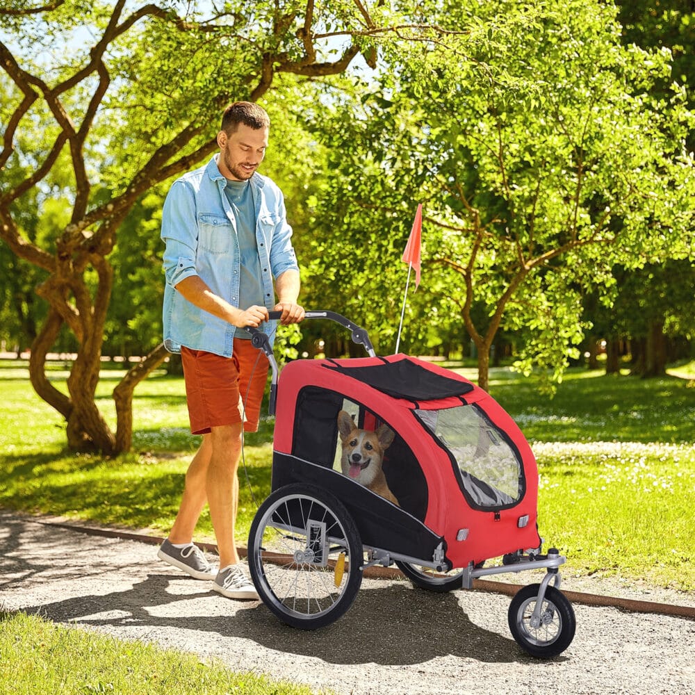 Rot-schwarzer 2-in-1 Hundeanhänger, auch als Jogger nutzbar, Grösse 155x83x108cm. Perfekt für aktive Hunde und Besitzer.