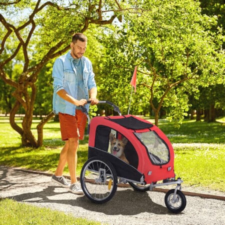 Rot-schwarzer 2-in-1 Hundeanhänger, auch als Jogger nutzbar, Grösse 155x83x108cm. Perfekt für aktive Hunde und Besitzer.