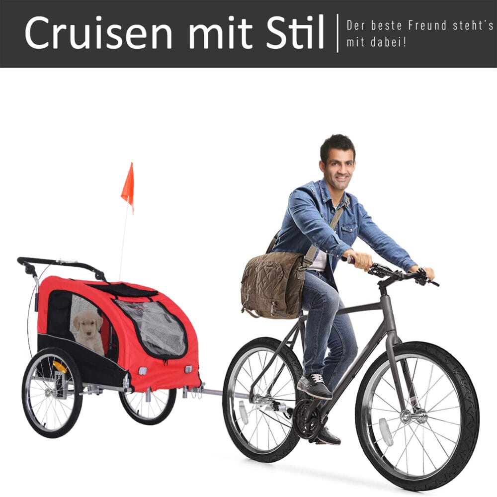 Rot-schwarzer 2-in-1 Hundeanhänger, auch als Jogger nutzbar, Grösse 155x83x108cm. Perfekt für aktive Hunde und Besitzer.