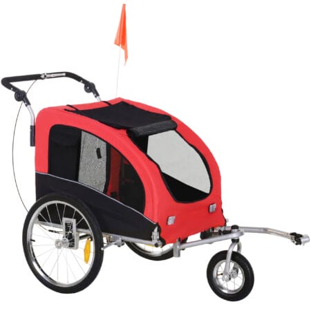 Rot-schwarzer 2-in-1 Hundeanhänger, auch als Jogger nutzbar, Grösse 155x83x108cm. Perfekt für aktive Hunde und Besitzer.