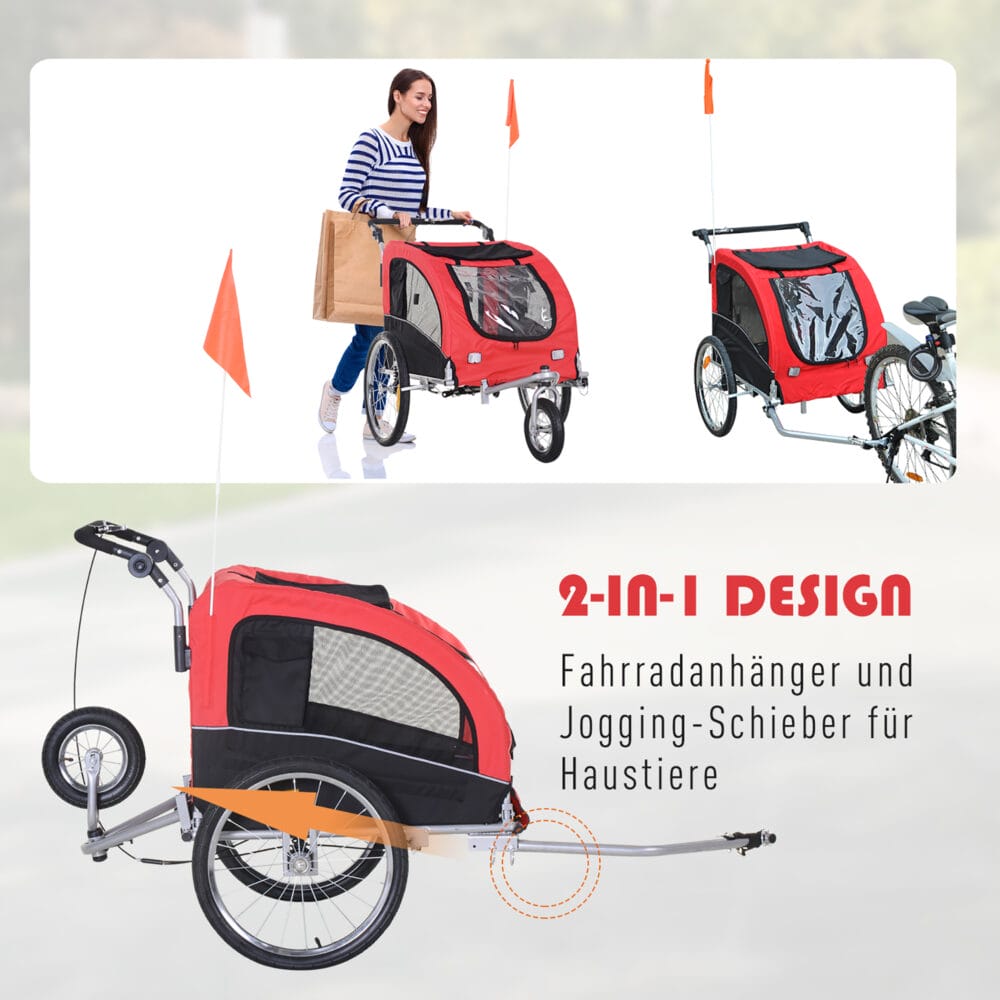 Rot-schwarzer 2-in-1 Hundeanhänger, auch als Jogger nutzbar, Grösse 155x83x108cm. Perfekt für aktive Hunde und Besitzer.