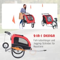 Rot-schwarzer 2-in-1 Hundeanhänger, auch als Jogger nutzbar, Grösse 155x83x108cm. Perfekt für aktive Hunde und Besitzer.