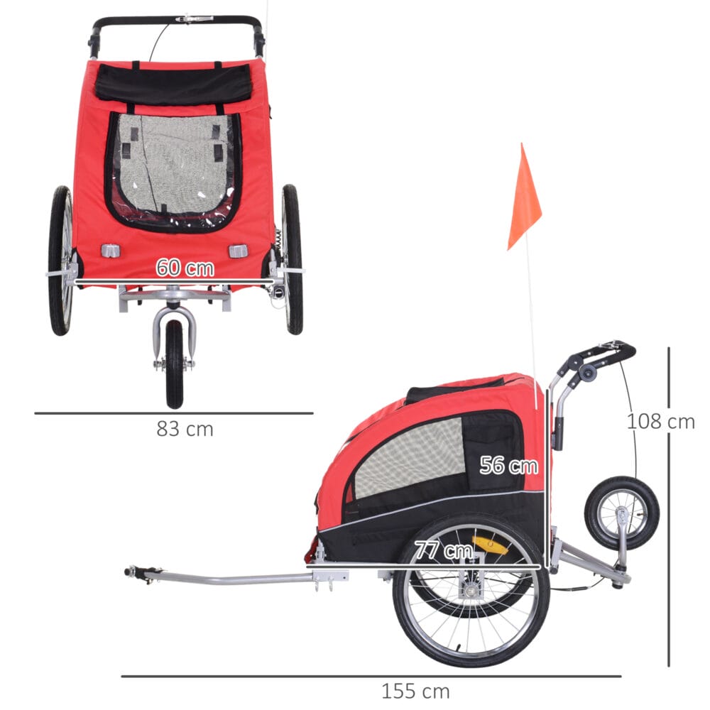 Rot-schwarzer 2-in-1 Hundeanhänger, auch als Jogger nutzbar, Grösse 155x83x108cm. Perfekt für aktive Hunde und Besitzer.