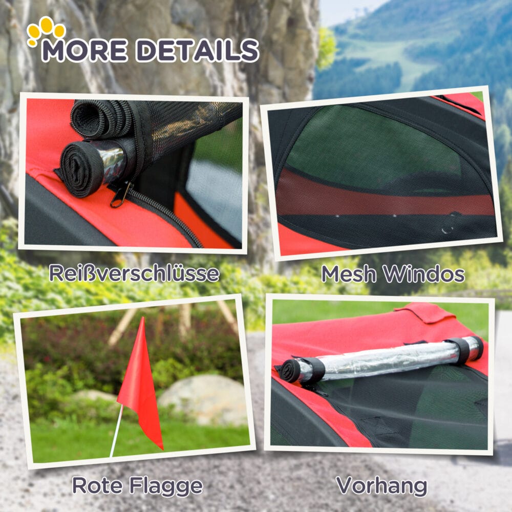 Roter Hundeanhänger klappbar als Fahrradanhänger, wasserbeständig, für den Transport von Haustieren.