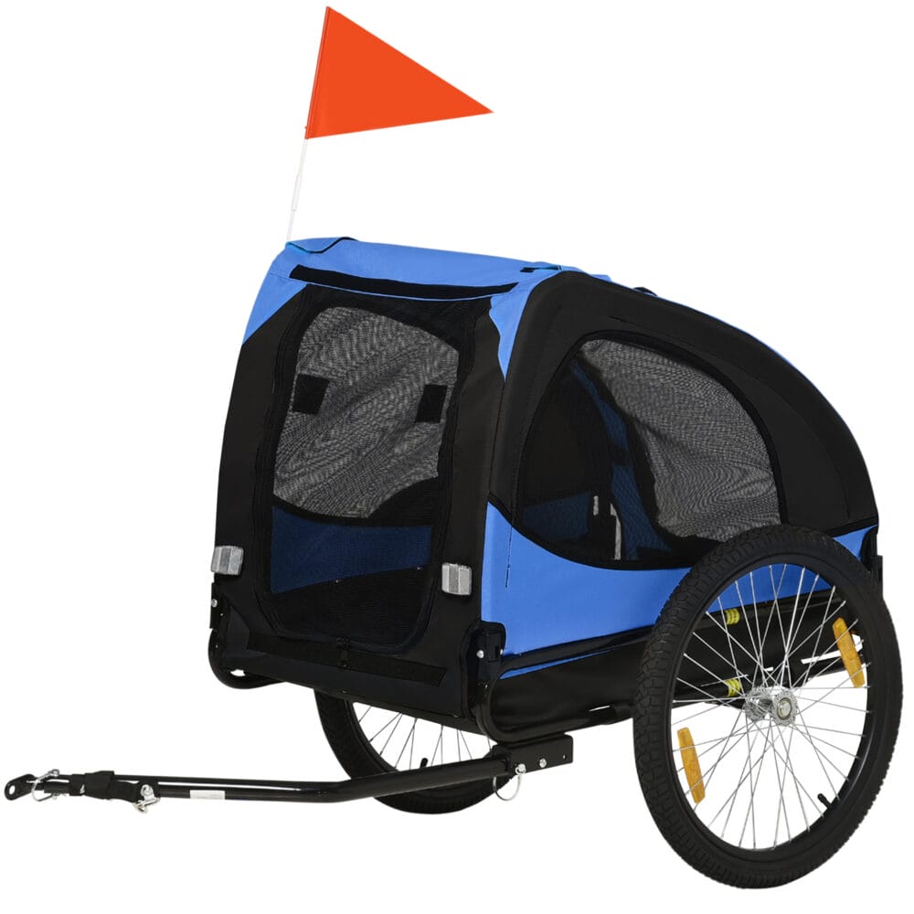 Blauer Hundeanhänger klappbar und wasserbeständig, Grösse 140x71x83cm, ideal für sichere Haustiertransporte.