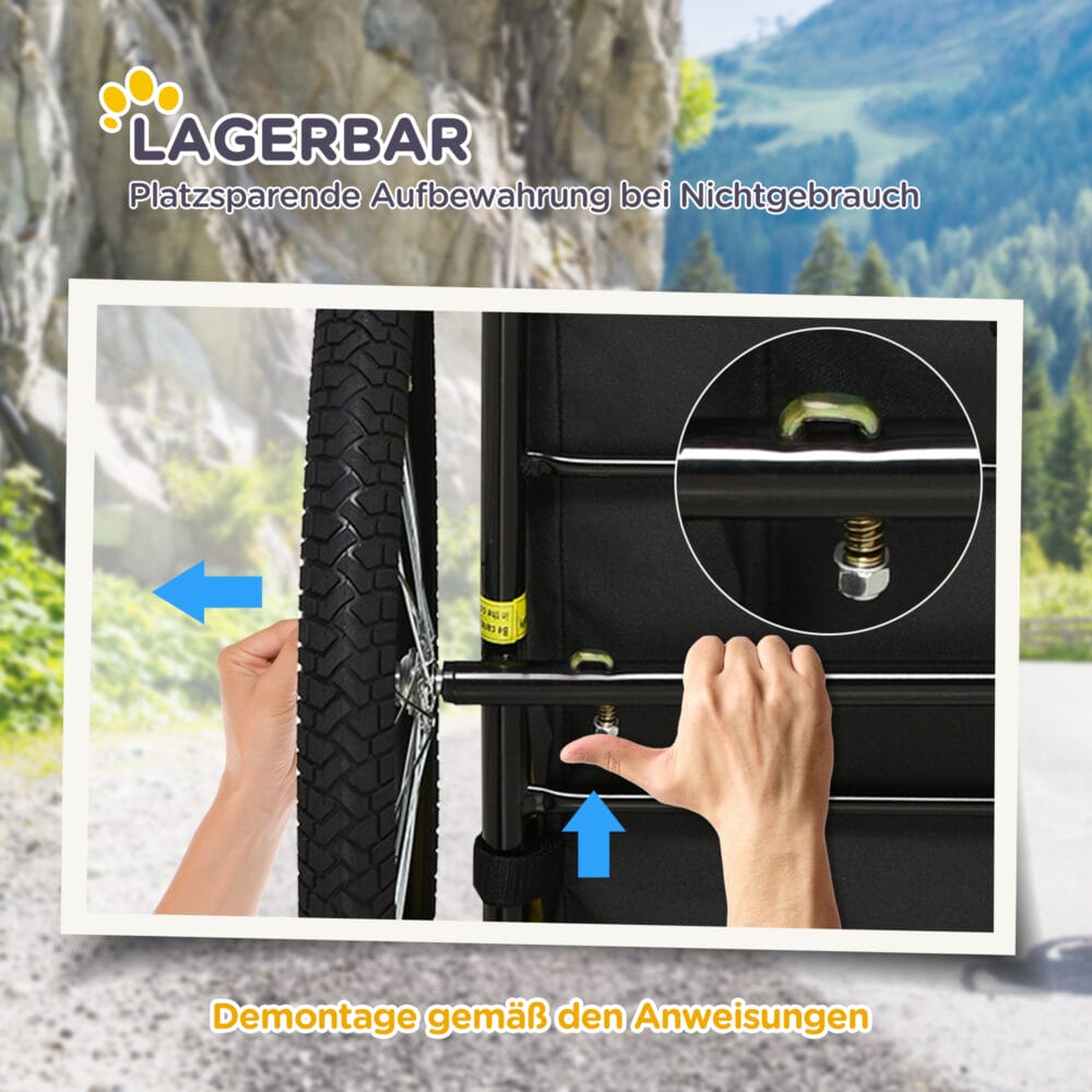 Blauer Hundeanhänger klappbar und wasserbeständig, Grösse 140x71x83cm, ideal für sichere Haustiertransporte.