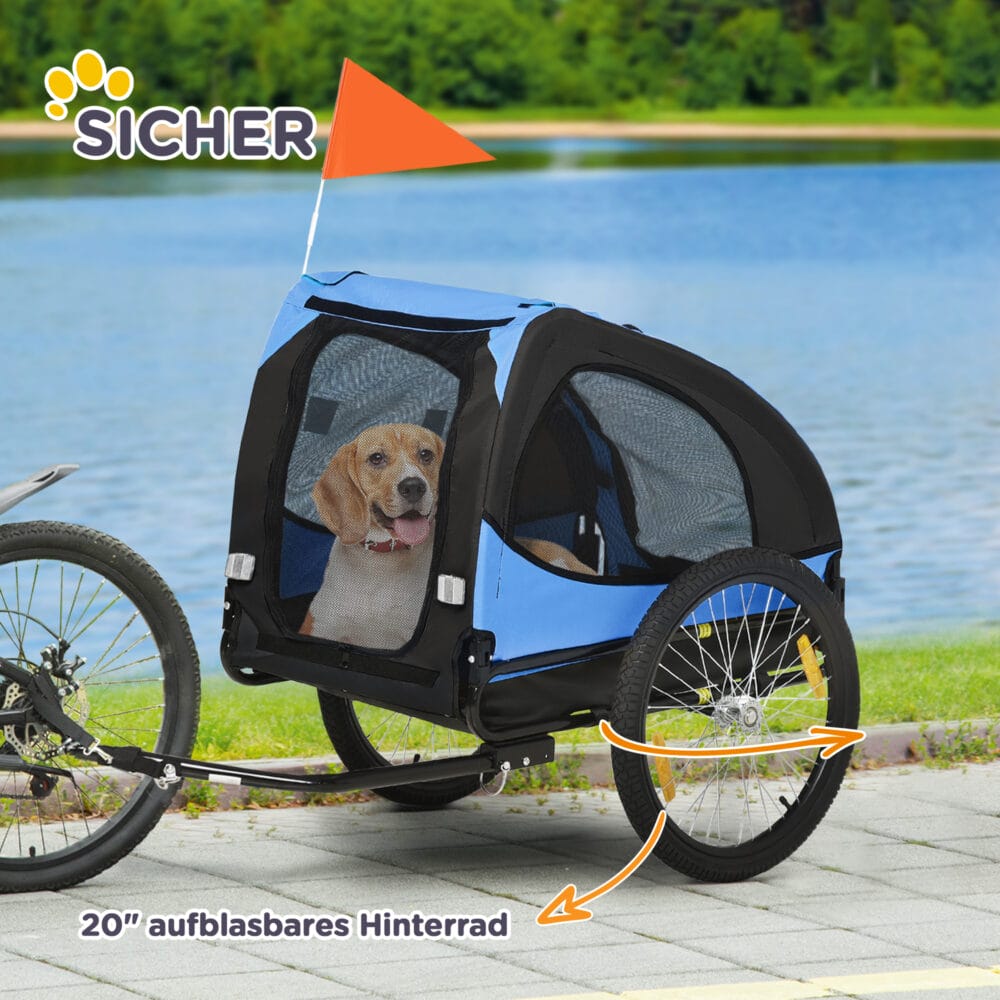 Blauer Hundeanhänger klappbar und wasserbeständig, Grösse 140x71x83cm, ideal für sichere Haustiertransporte.