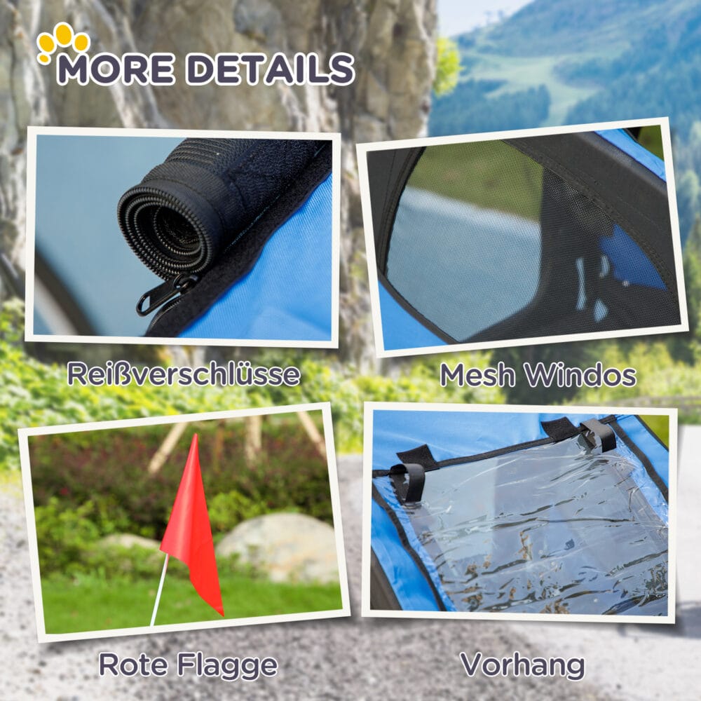 Blauer Hundeanhänger klappbar und wasserbeständig, Grösse 140x71x83cm, ideal für sichere Haustiertransporte.
