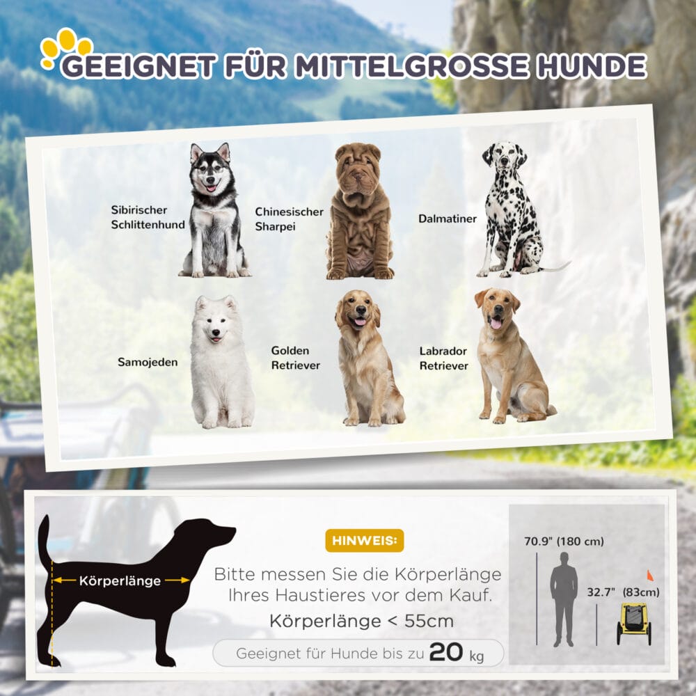 Gelber Hundeanhänger mit Sicherheitsleine und Netzfenstern, bis 20kg belastbar, bietet sichere und luftige Transportmöglichkeiten für kleine bis mittelgrosse Hunde.