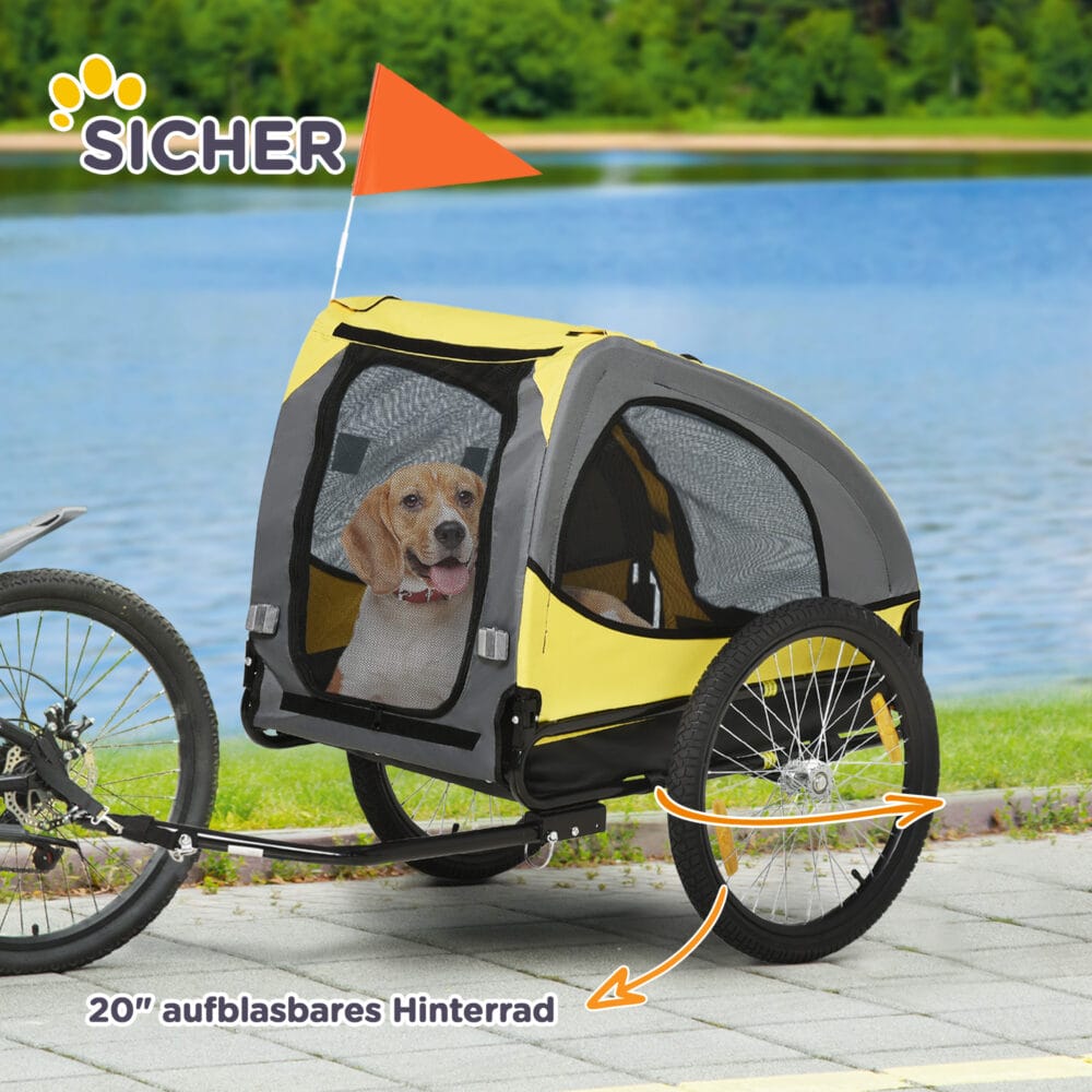 Gelber Hundeanhänger mit Sicherheitsleine und Netzfenstern, bis 20kg belastbar, bietet sichere und luftige Transportmöglichkeiten für kleine bis mittelgrosse Hunde.