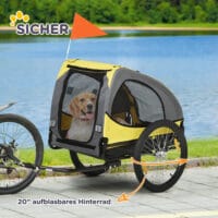 Gelber Hundeanhänger mit Sicherheitsleine und Netzfenstern, bis 20kg belastbar, bietet sichere und luftige Transportmöglichkeiten für kleine bis mittelgrosse Hunde.