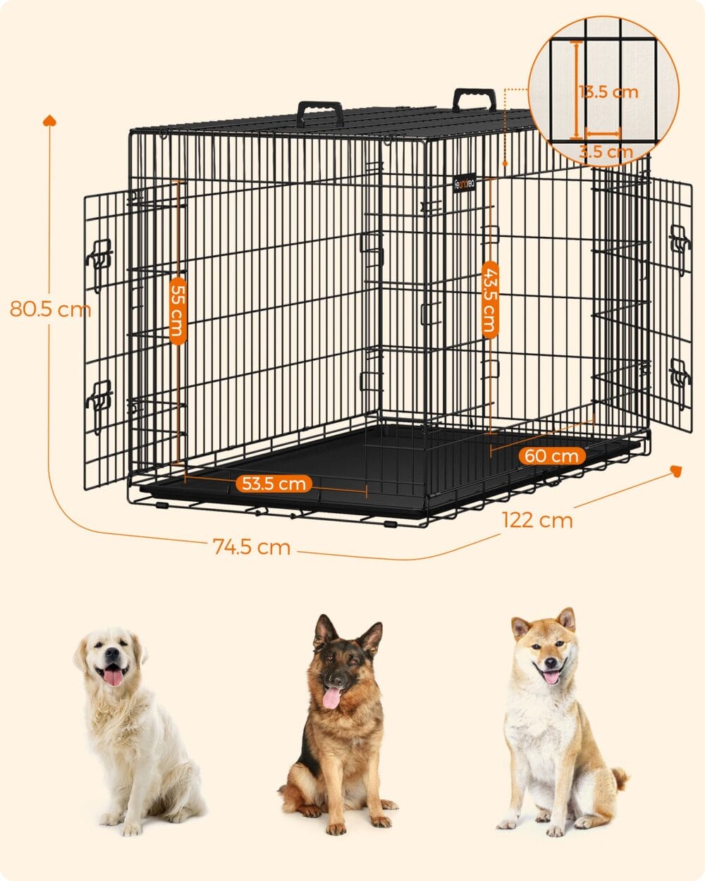 Große Hundebox 122 cm in Schwarz mit zwei Türen, sicher und stabil.