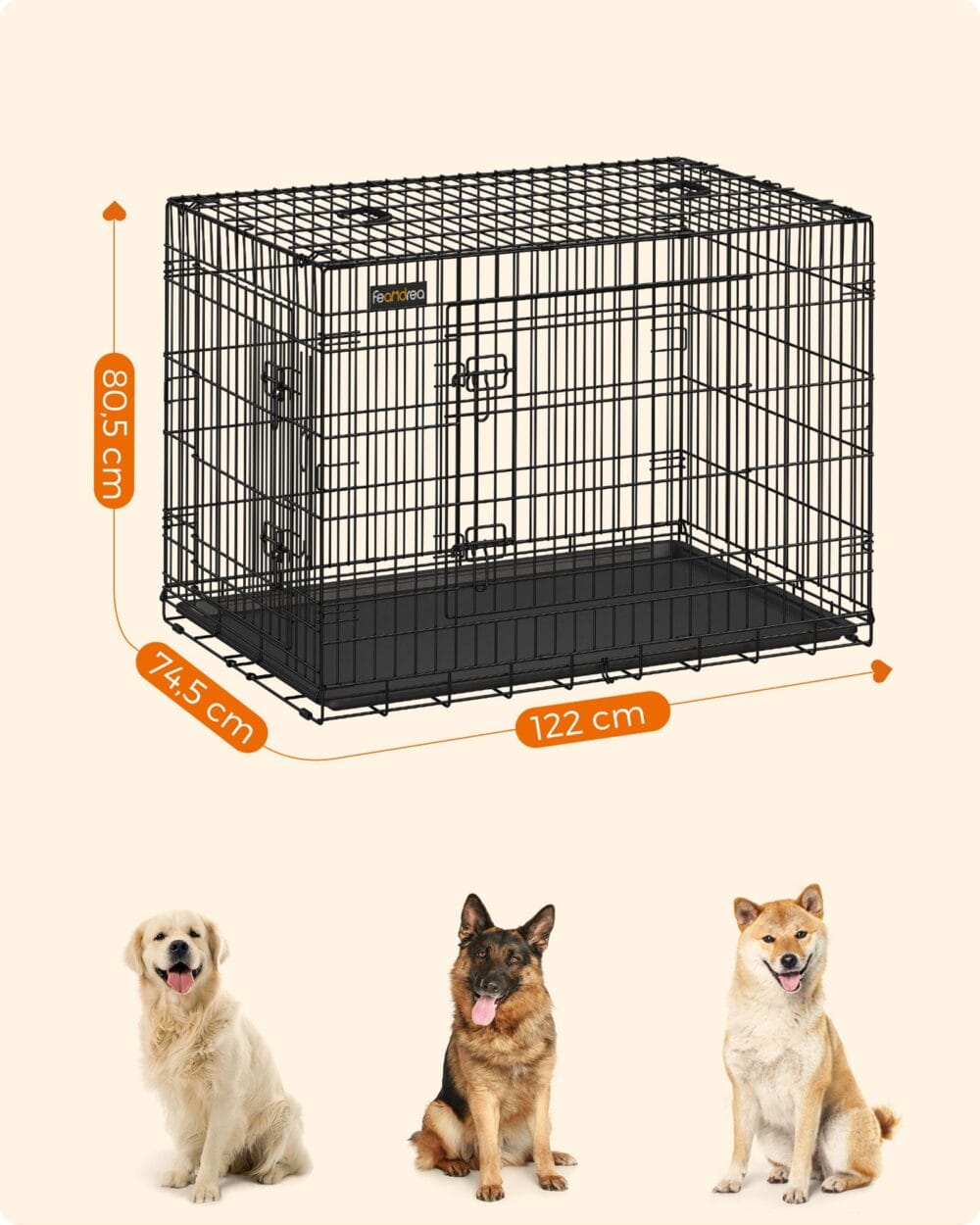 Große Hundebox 122 cm in Schwarz mit zwei Türen, sicher und stabil.