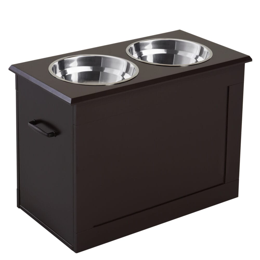 Espressofarbener Hunde-Fressnapf mit Stauraum und 2 Edelstahlnäpfen.