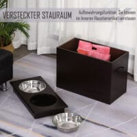 Espressofarbener Hunde-Fressnapf mit Stauraum und 2 Edelstahlnäpfen.
