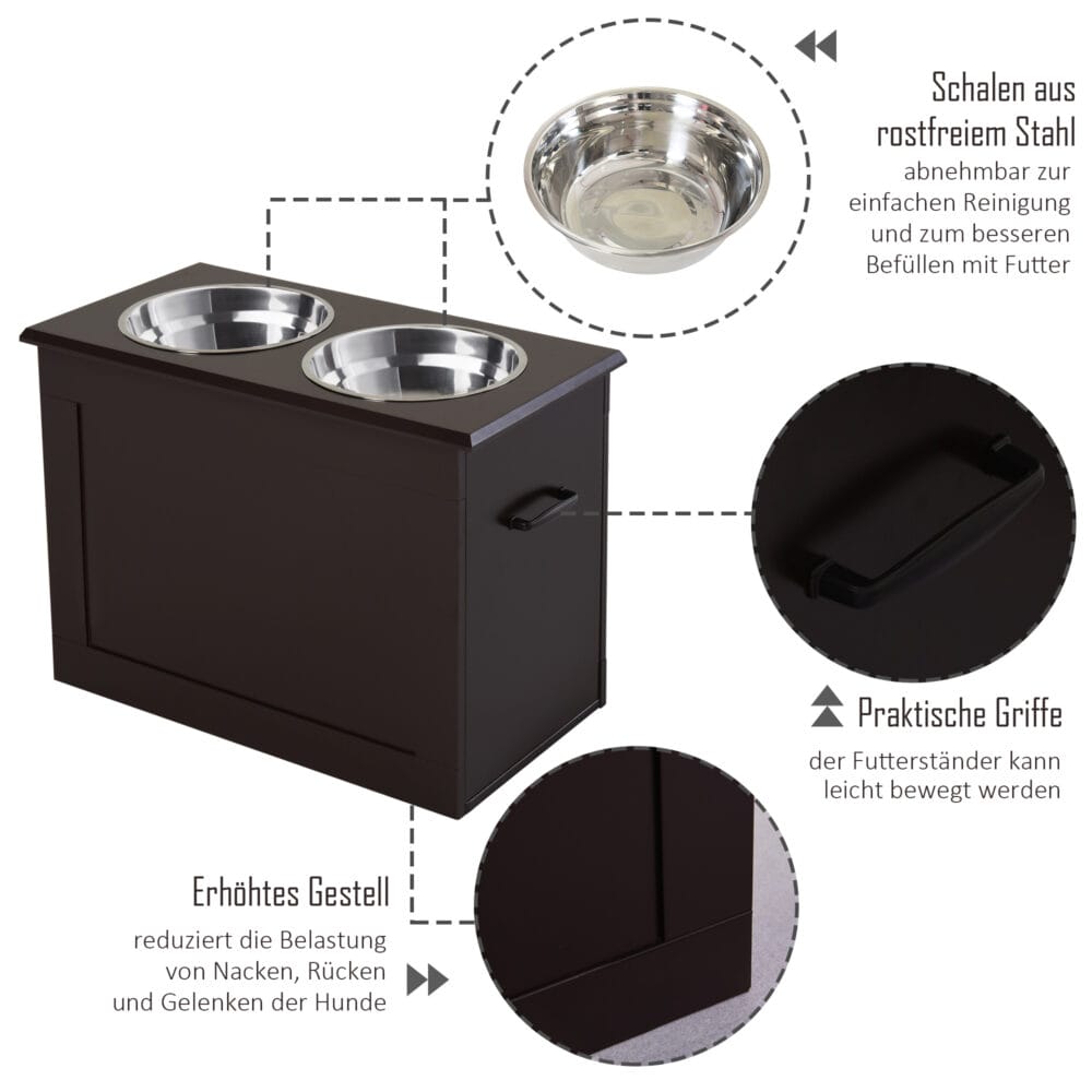 Espressofarbener Hunde-Fressnapf mit Stauraum und 2 Edelstahlnäpfen.