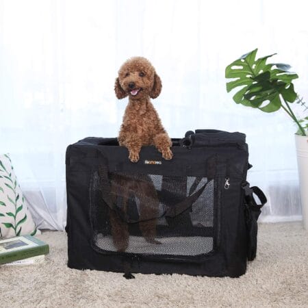 Schwarze Hundetransportbox tragbar, faltbar, Autositz, Größe M, Stoffmaterial