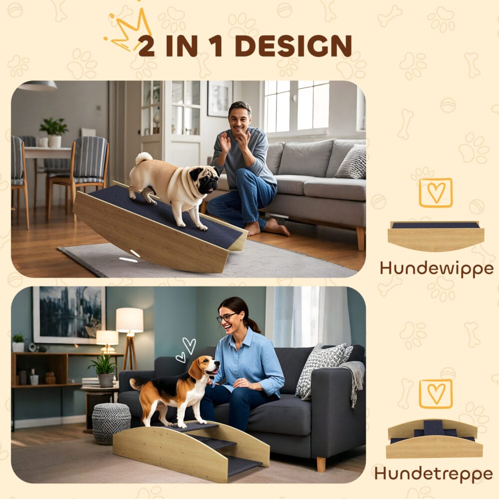 Naturholz Hundewippe, auch als Agility-Rampe nutzbar, 2-in-1 Design für Hunde bis 15kg, fördert Balance und Selbstvertrauen.