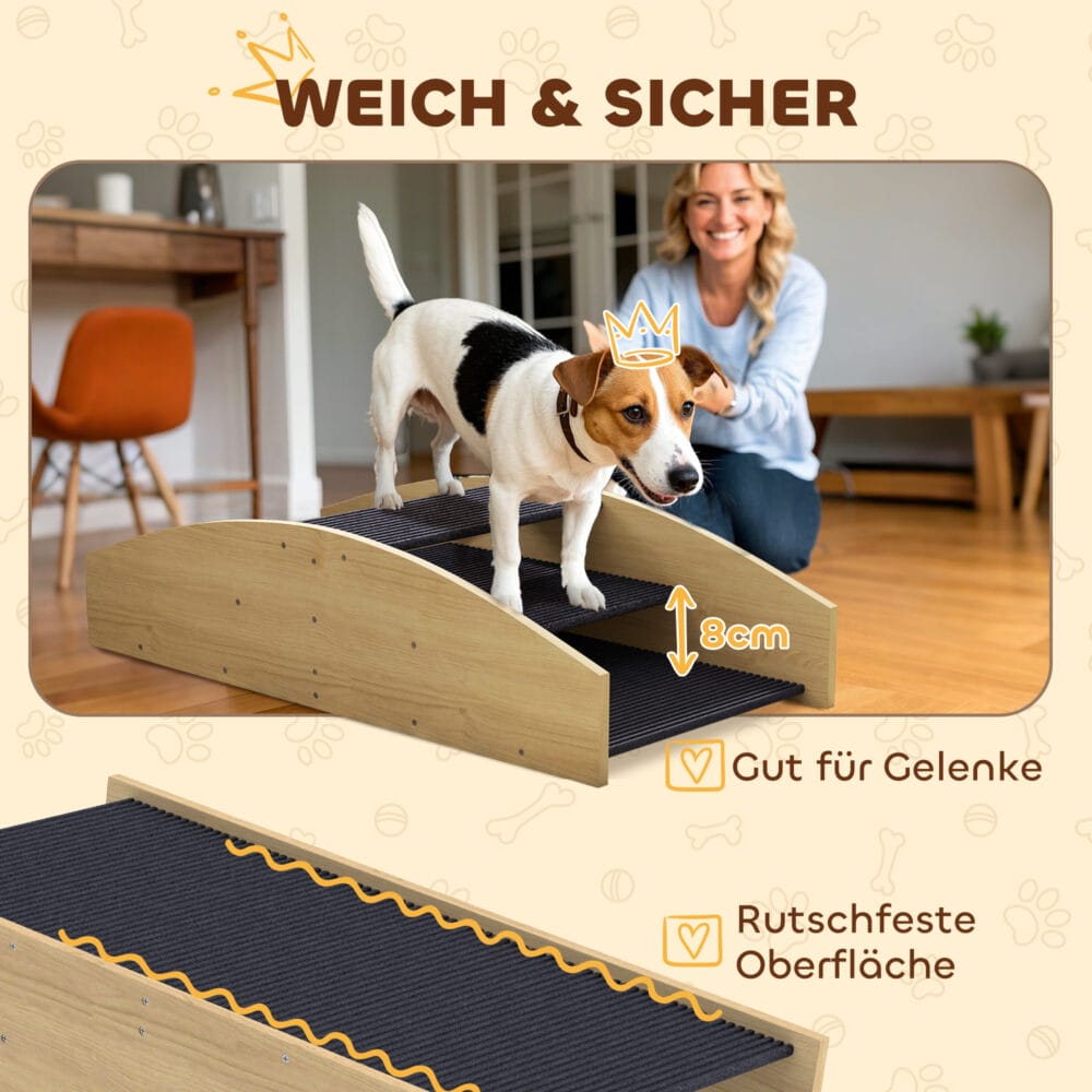 Naturholz Hundewippe, auch als Agility-Rampe nutzbar, 2-in-1 Design für Hunde bis 15kg, fördert Balance und Selbstvertrauen.