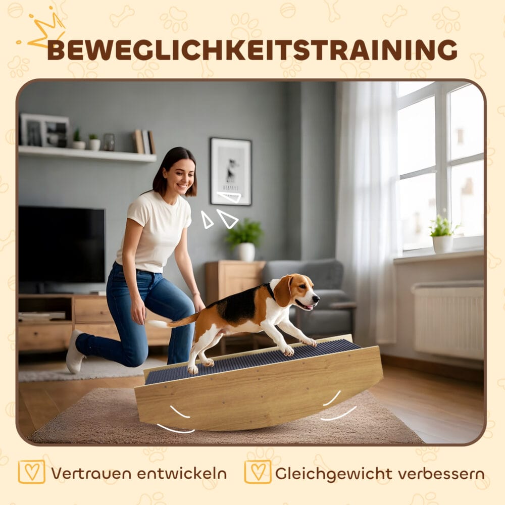 Naturholz Hundewippe, auch als Agility-Rampe nutzbar, 2-in-1 Design für Hunde bis 15kg, fördert Balance und Selbstvertrauen.