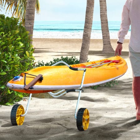 Gelber, verstellbarer Kajakwagen aus Aluminium mit Spanngurt