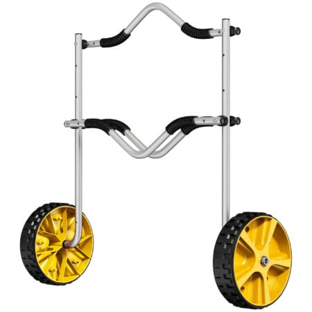 Gelber, verstellbarer Kajakwagen aus Aluminium mit Spanngurt