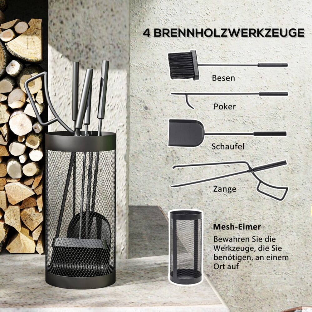 Kaminbesteck 5-teilig in Schwarz mit Besen, Schaufel, Zange und Aufbewahrungskorb.