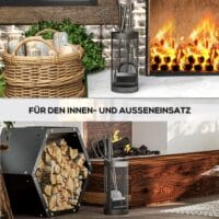 Kaminbesteck 5-teilig in Schwarz mit Besen, Schaufel, Zange und Aufbewahrungskorb.