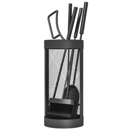 Kaminbesteck 5-teilig in Schwarz mit Besen, Schaufel, Zange und Aufbewahrungskorb.