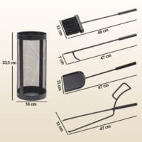Kaminbesteck 5-teilig in Schwarz mit Besen, Schaufel, Zange und Aufbewahrungskorb.