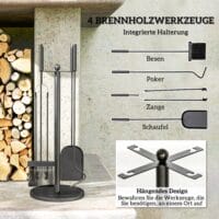 Kaminbesteck 5-teilig in Schwarz mit Schaufel, Besen und Zange.