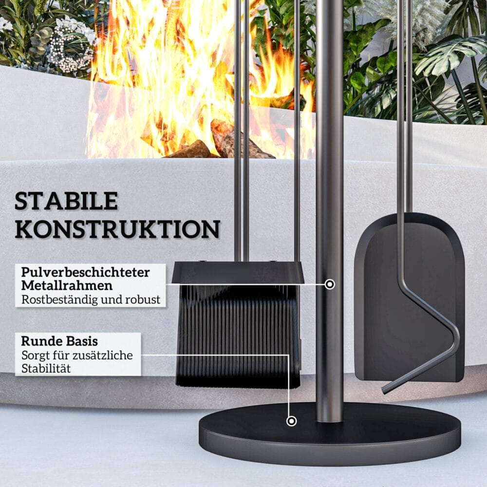 Kaminbesteck 5-teilig in Schwarz mit Schaufel, Besen und Zange.