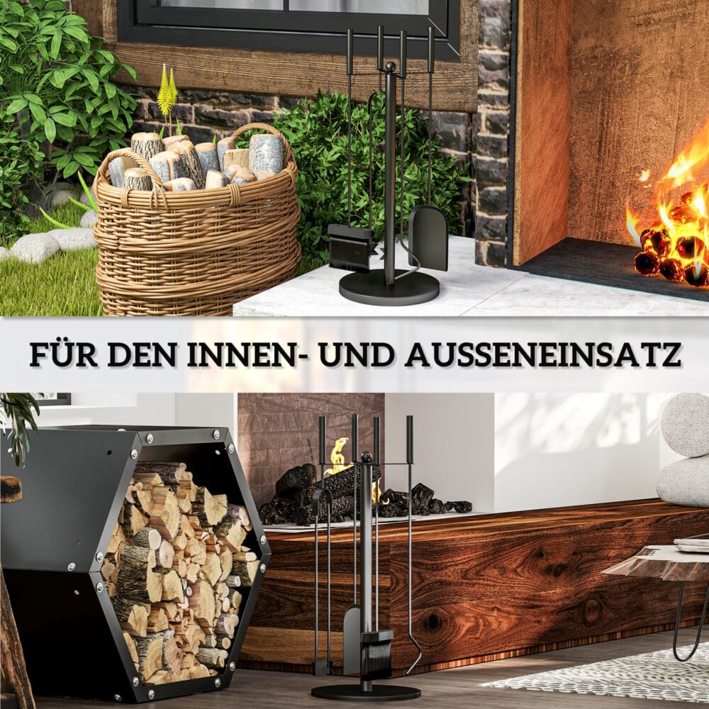 Kaminbesteck 5-teilig in Schwarz mit Schaufel, Besen und Zange.