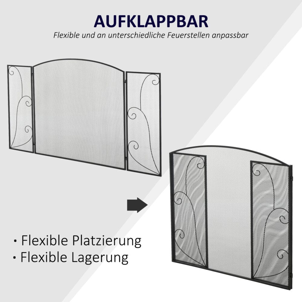 Kamingitter mit 3 Paneelen, klappbar, sicher und stabil in Schwarz.