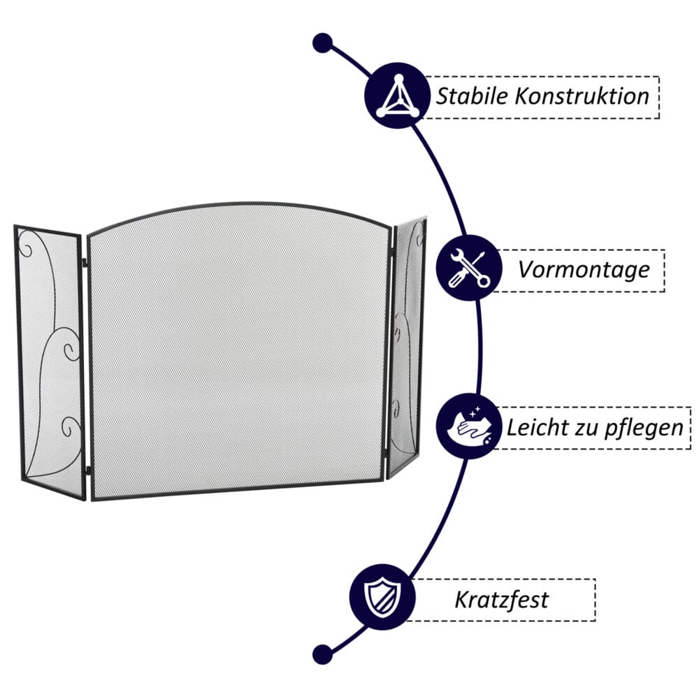 Kamingitter mit 3 Paneelen, klappbar, sicher und stabil in Schwarz.