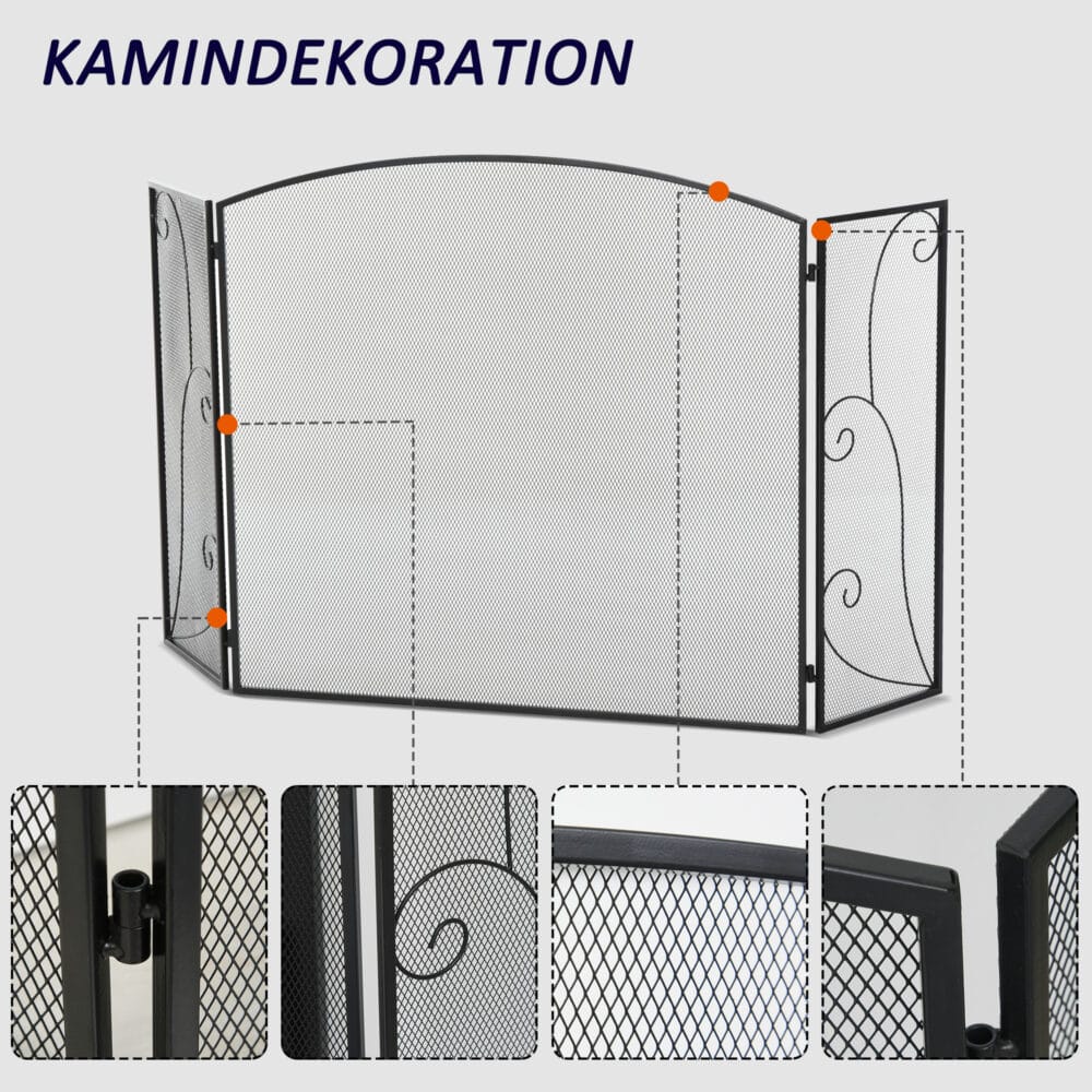 Kamingitter mit 3 Paneelen, klappbar, sicher und stabil in Schwarz.
