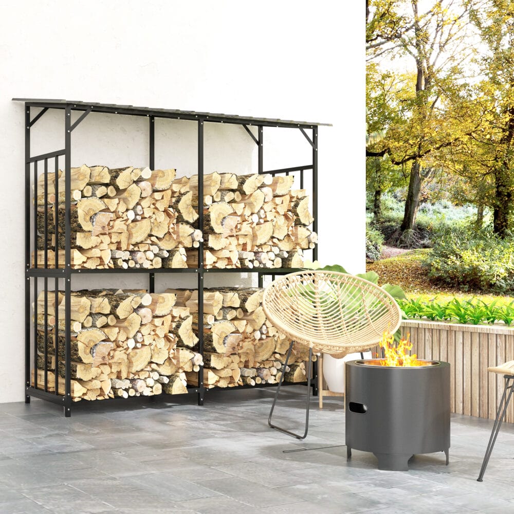 Kaminholzregal mit Abdeckung, 117 m³ Volumen, belastbar bis 100 kg, Farbe Schwarz.