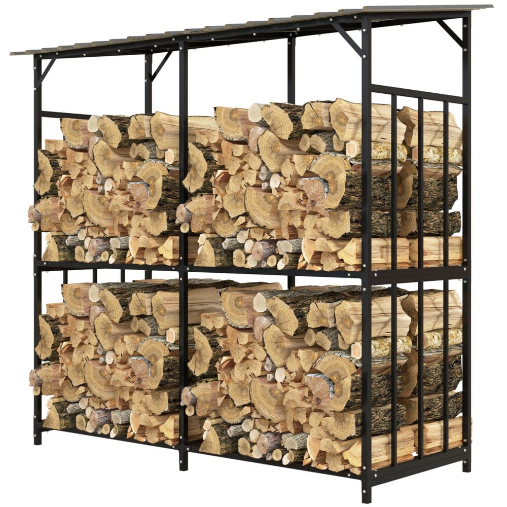 Kaminholzregal mit Abdeckung, 117 m³ Volumen, belastbar bis 100 kg, Farbe Schwarz.