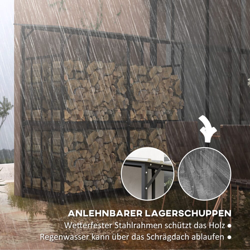 Kaminholzregal mit Abdeckung, 117 m³ Volumen, belastbar bis 100 kg, Farbe Schwarz.