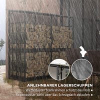 Kaminholzregal mit Abdeckung, 117 m³ Volumen, belastbar bis 100 kg, Farbe Schwarz.