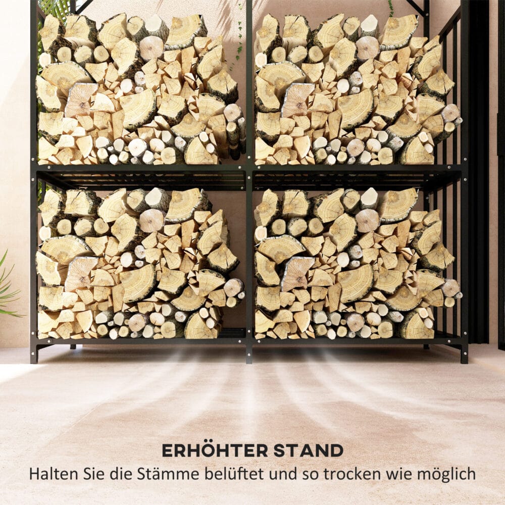 Kaminholzregal mit Abdeckung, 117 m³ Volumen, belastbar bis 100 kg, Farbe Schwarz.